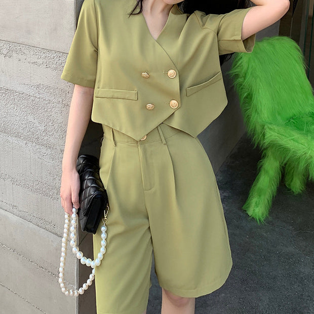 Short-sleeved v-neck suit jacket top wide-leg shorts set