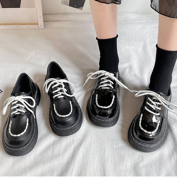 Thick Heel Non-Slip Lace-Up Black Shoes