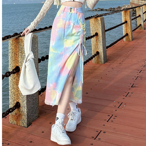 Multicolored Tie-Dye Drawstring Slit Denim Skirt