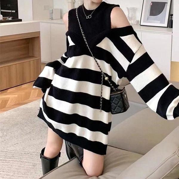 Fake Two-Piece Off-Shoulder Striped Loose Sweater