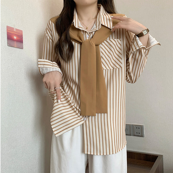 Fake Two-Piece Striped Shirt With Shawl Stitching