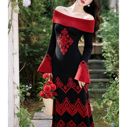 Off-The-Shoulder Vintage-Style Knit Dress