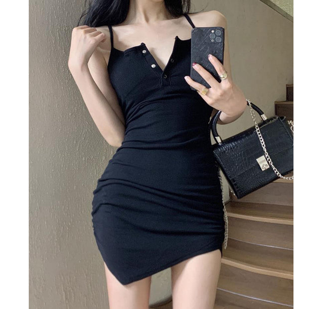 Irregular buttons tight sexy suspender dress