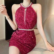 Backless beaded sequins slim sexy dress