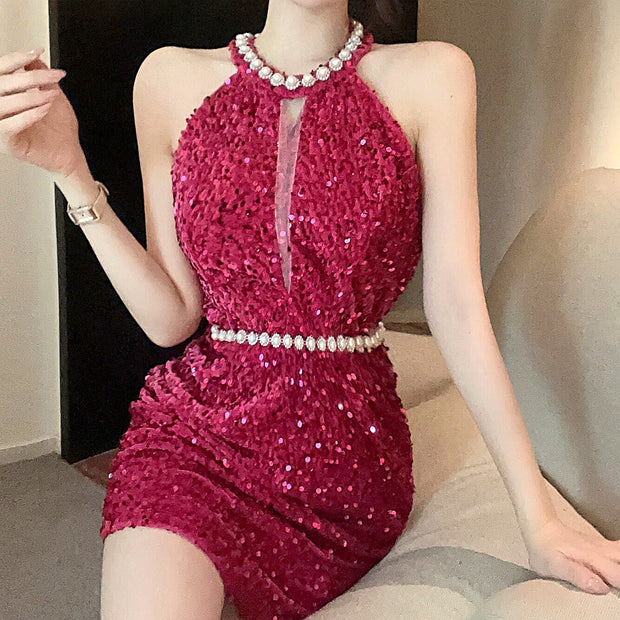 Backless beaded sequins slim sexy dress