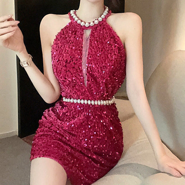 Backless Beaded Sequins Slim Sexy Dress