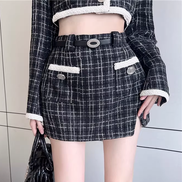 Plaid Long Sleeve Short Jacket Slit Belt Skirt Set