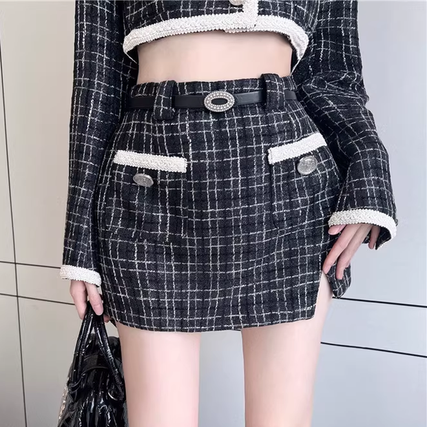 Plaid long sleeve short jacket slit belt skirt set