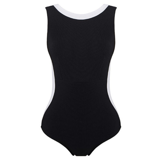 Conservative color-block open-back swimsuit