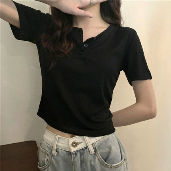 Button-Down Short-Sleeved Solid Color Slim Fit T-Shirt
