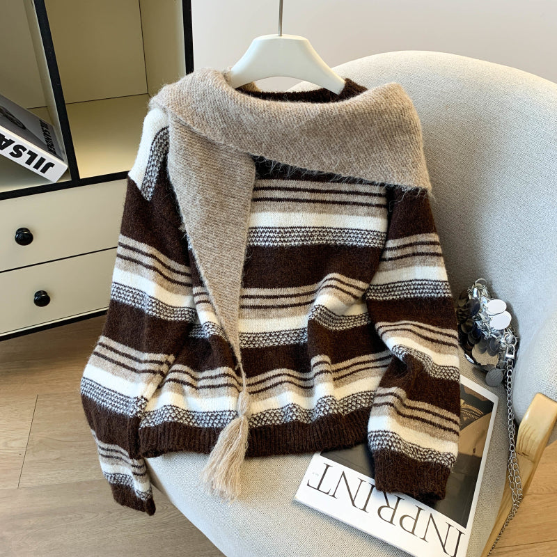 Stylish Striped Loose Knit Pullover (Shawl Included)