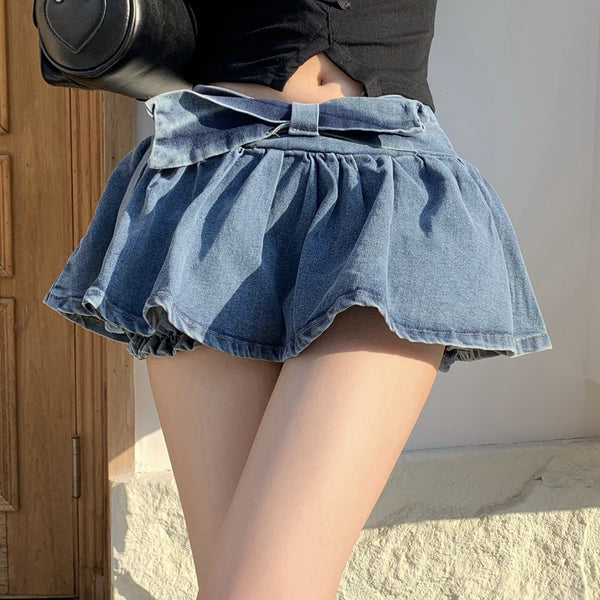 Blue Denim Bow A-Line Mini Skirt