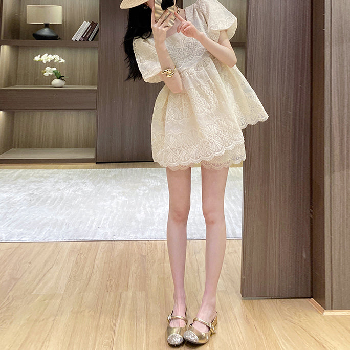 Lace Short-Sleeved Top And Shorts Two-Piece Set