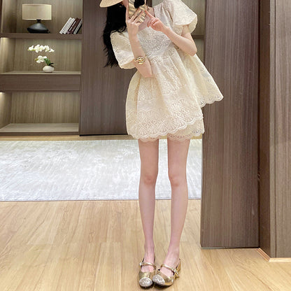 Lace Short-Sleeved Top And Shorts Two-Piece Set