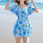 Short sleeve floral beach one-piece swimsuit