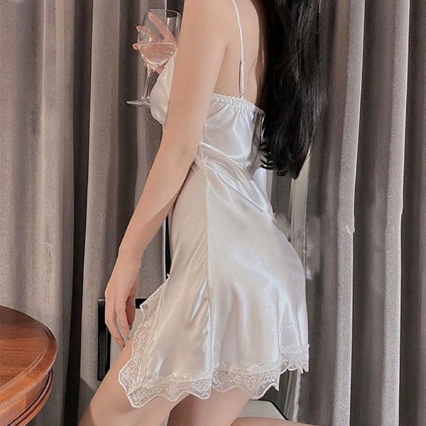 Deep V Ice Silk Lace Summer Sexy Cami Nightgown