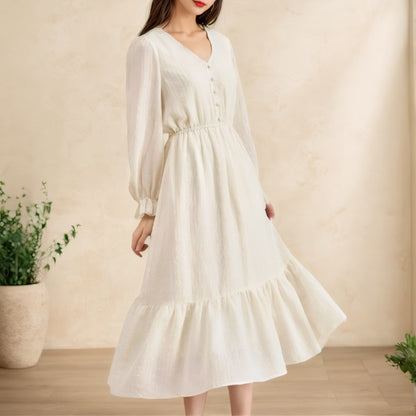 Lace Long-Sleeved V-Neck Fitted White Dress