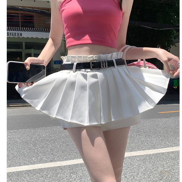 Solid color belt high waist slim pleated skirt