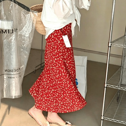 Red Floral Midi Skirt