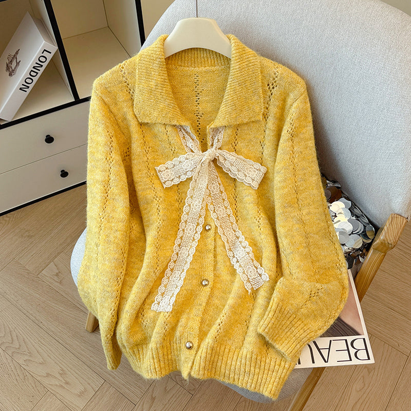 Hollow Lace Bow Knitted Cardigan