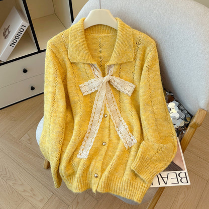 Hollow Lace Bow Knitted Cardigan