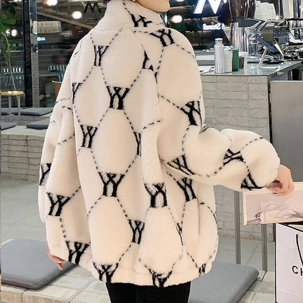 Letter Print Stand Collar Lambswool Warm Jacket