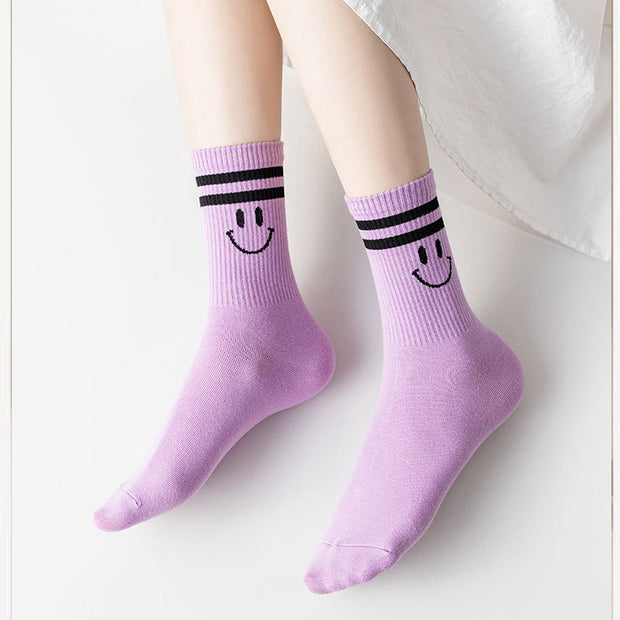 Smiley face striped mid-calf cotton socks