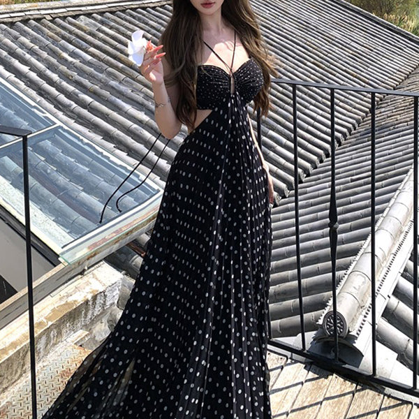 French Polka Dot Cutout Halter Neck Dress
