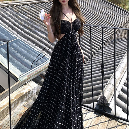 French Polka Dot Cutout Halter Neck Dress