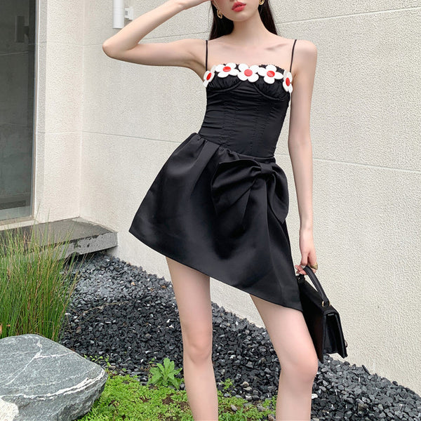 Asymmetrical Design Beveled Three-Dimensional Bow Short Black Dress