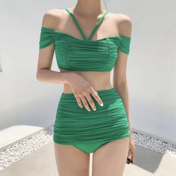 Ruched Halter Neck Solid Two-Piece Swimsuit