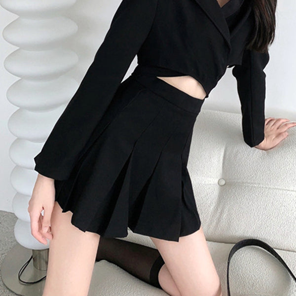 Short Long Sleeve Blazer Top Pleated Skirt Black Set