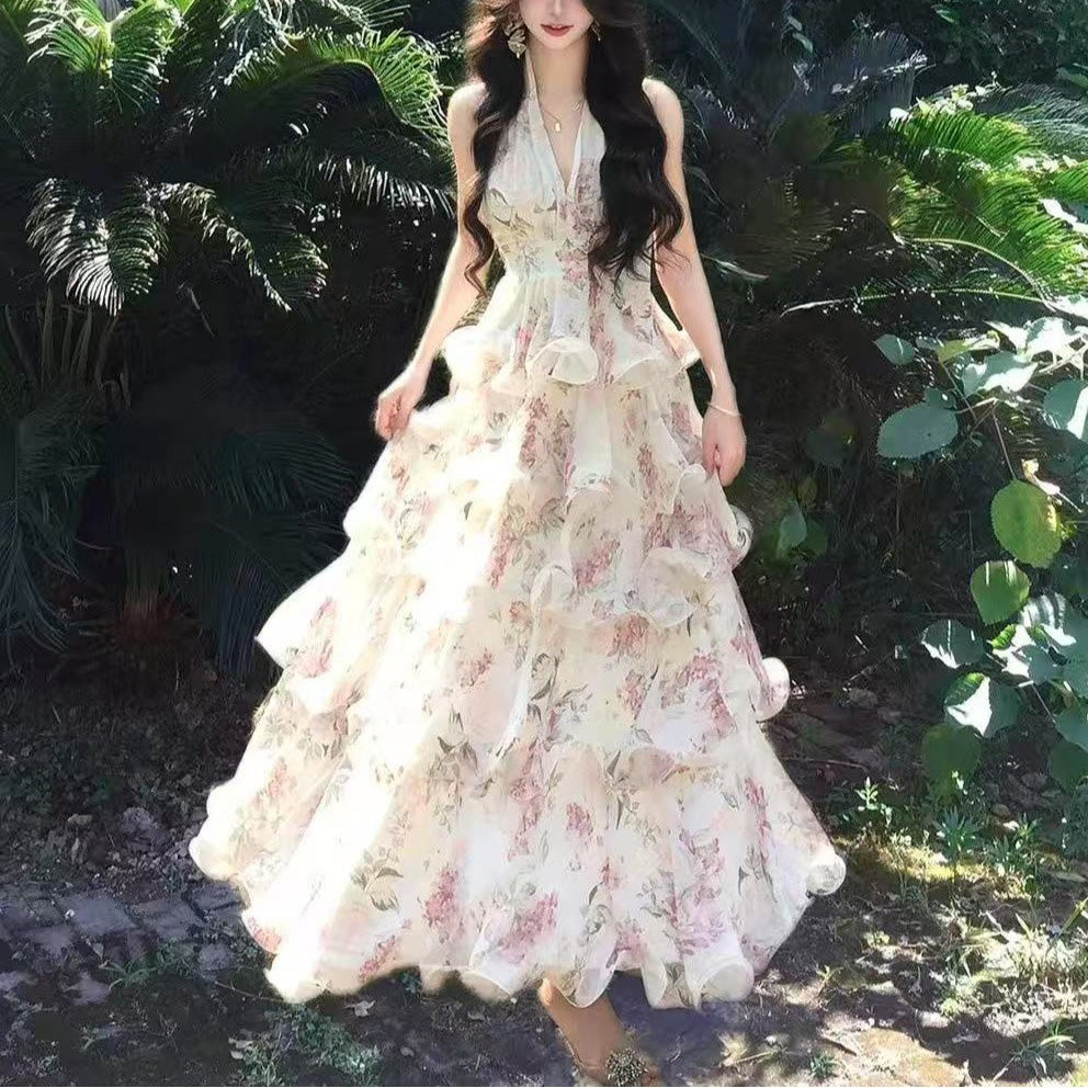 Chiffon Floral Halter Neck Vacation Dress