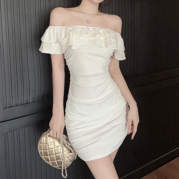 Off-The-Shoulder Double-Layer Ruffled Pleated Dress