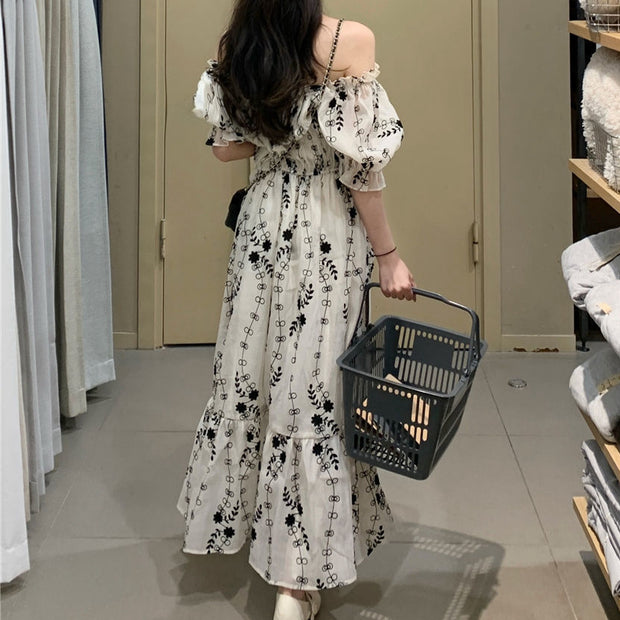 High waist bubble short sleeve long floral dress