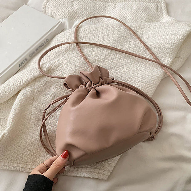 Drawstring casual mini soft leather shoulder bag