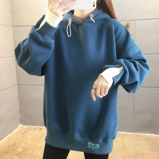 Drawstring hooded loose long sleeve sweatshirt