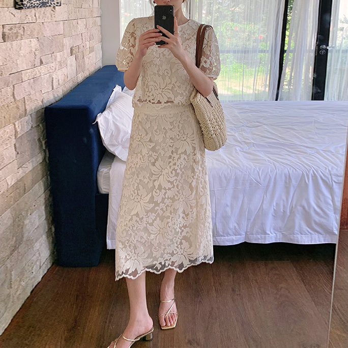 Heavy Embroidered Lace Top And Skirt Two-Piece Set