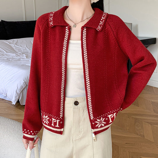 Snowflake Jacquard Colorblock Crew Neck Knit Cardigan