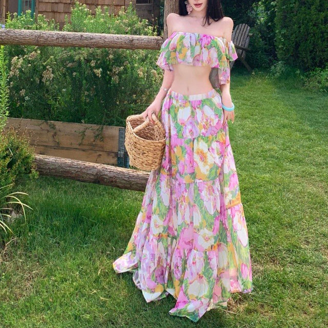 Oil Painting Floral Puff Sleeve Short-Sleeved Top And Skirt Set