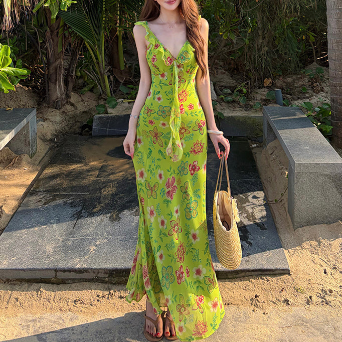 Summer Vacation Style V-Neck Floral Spaghetti Strap Dress