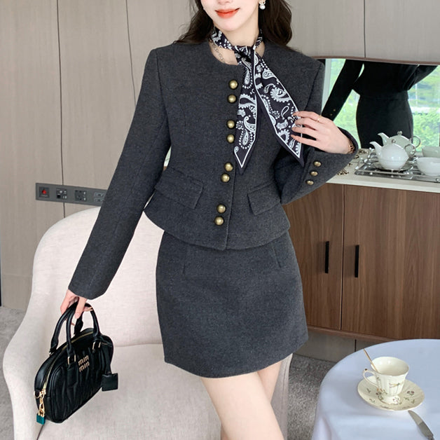 Waist-Cinching Wool Blend Blazer And Skirt Two-Piece Set