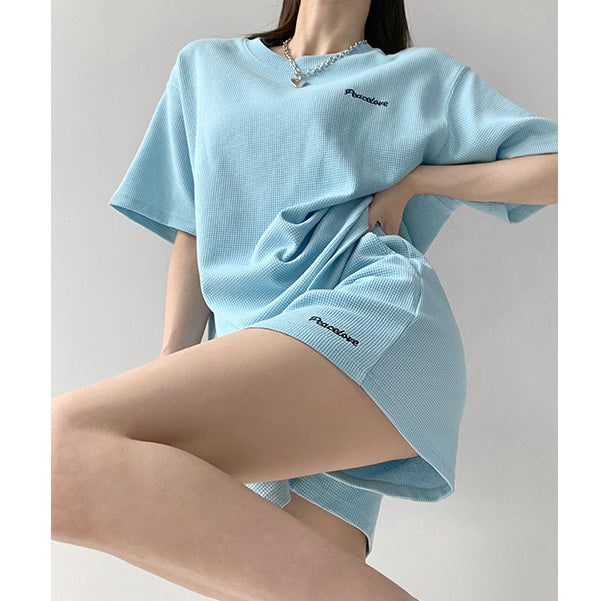 Loose waffle t-shirt elastic wide leg shorts set