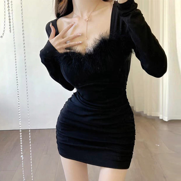 Fur collar paneled long-sleeved bodycon dress