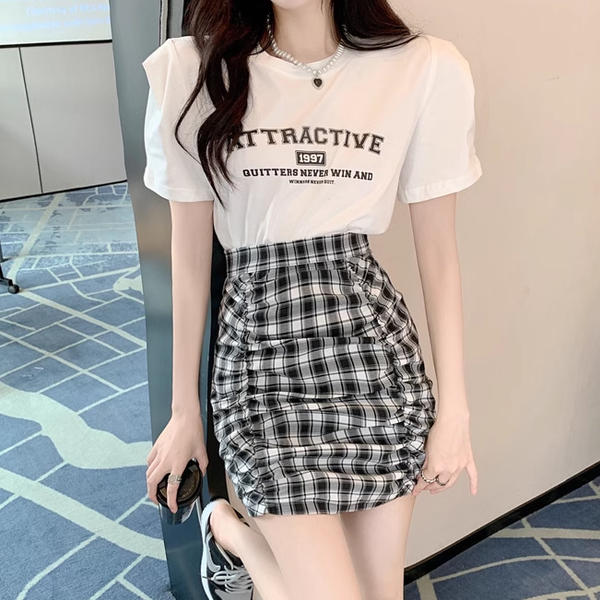 Set Printed T-Shirt Plaid Pleated Short Skirt