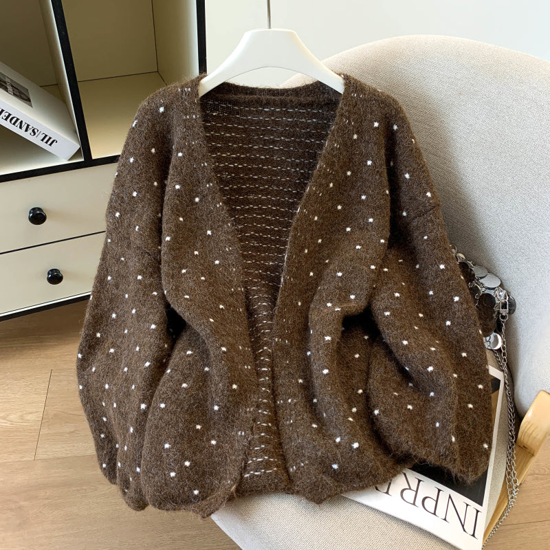 Loose-Fit Polka-Dot Knit Cardigan