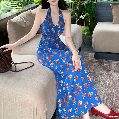 V-neck retro floral polka dot halter dress