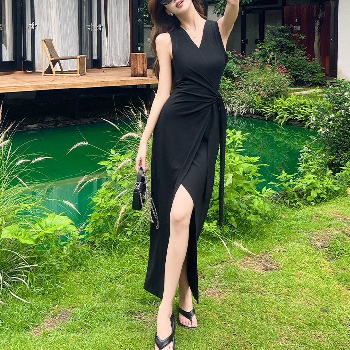 Fashionable Waist-Hugging French Striped Tie-Strap Slit Dress