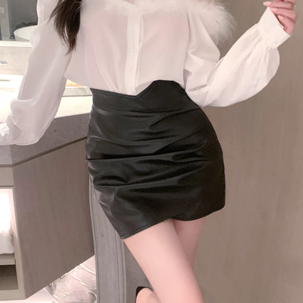 Raw Edge Long-Sleeved Shirt Leather Skirt Set