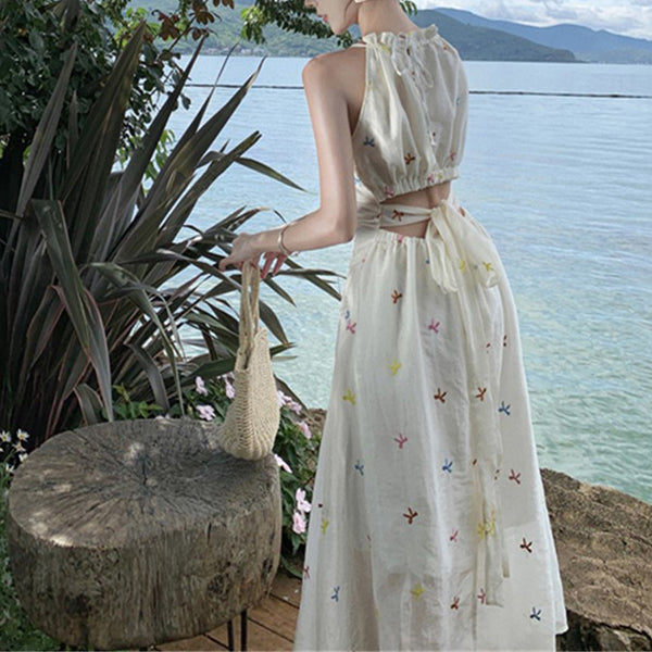 Sweet And Slimming White Printed Embroidered Suspender Dress